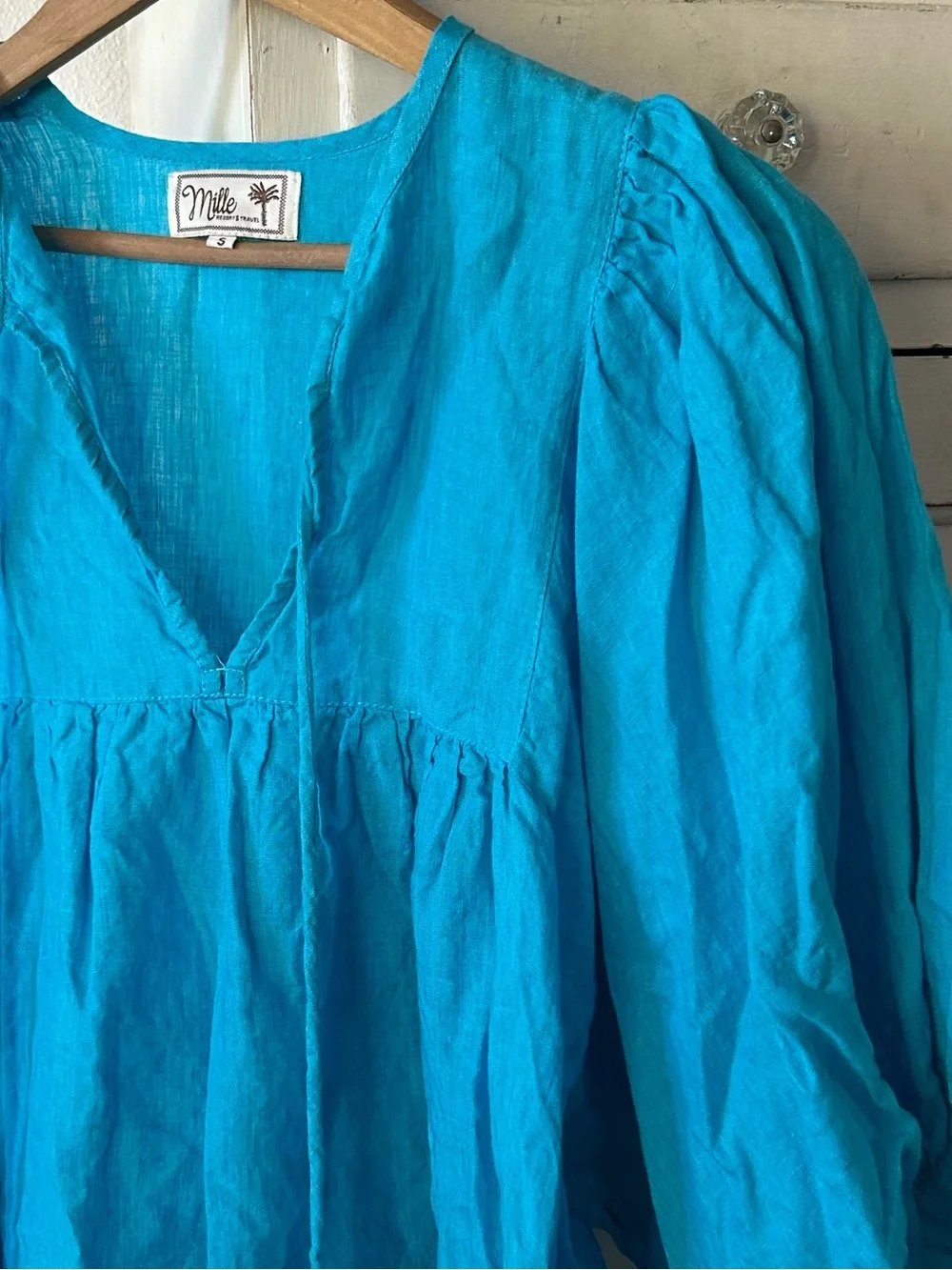 Mille | Women’s Teal Blue Linen Thalia V-Neck Tassel Tie Puff Sleeve Peasant Top
